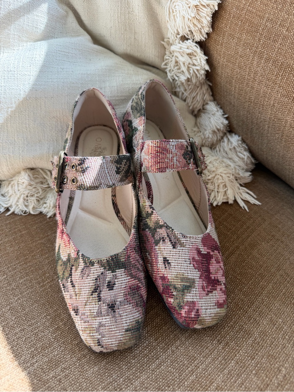 Floral Mary Jane Flats in Pink & Green by